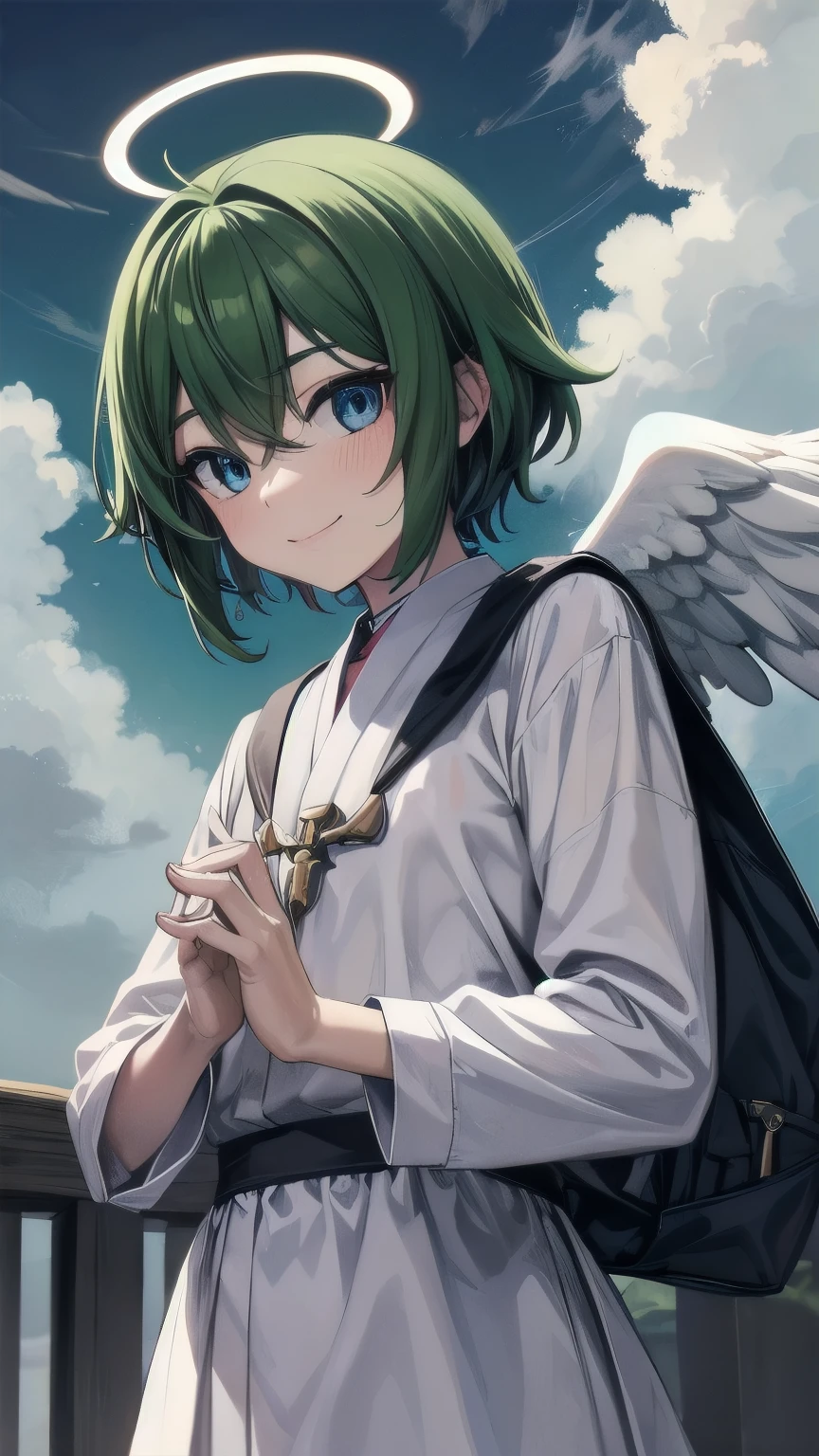 masterpiece, best quality, <lora:safy-nvwls-v1-000008:0.9> safy, hood, white cloak, green dress, long sleeves, long dress, upper body, looking up, blue sky, doves, smile, tears in eyes, clouds, abstract background, hand on own chest