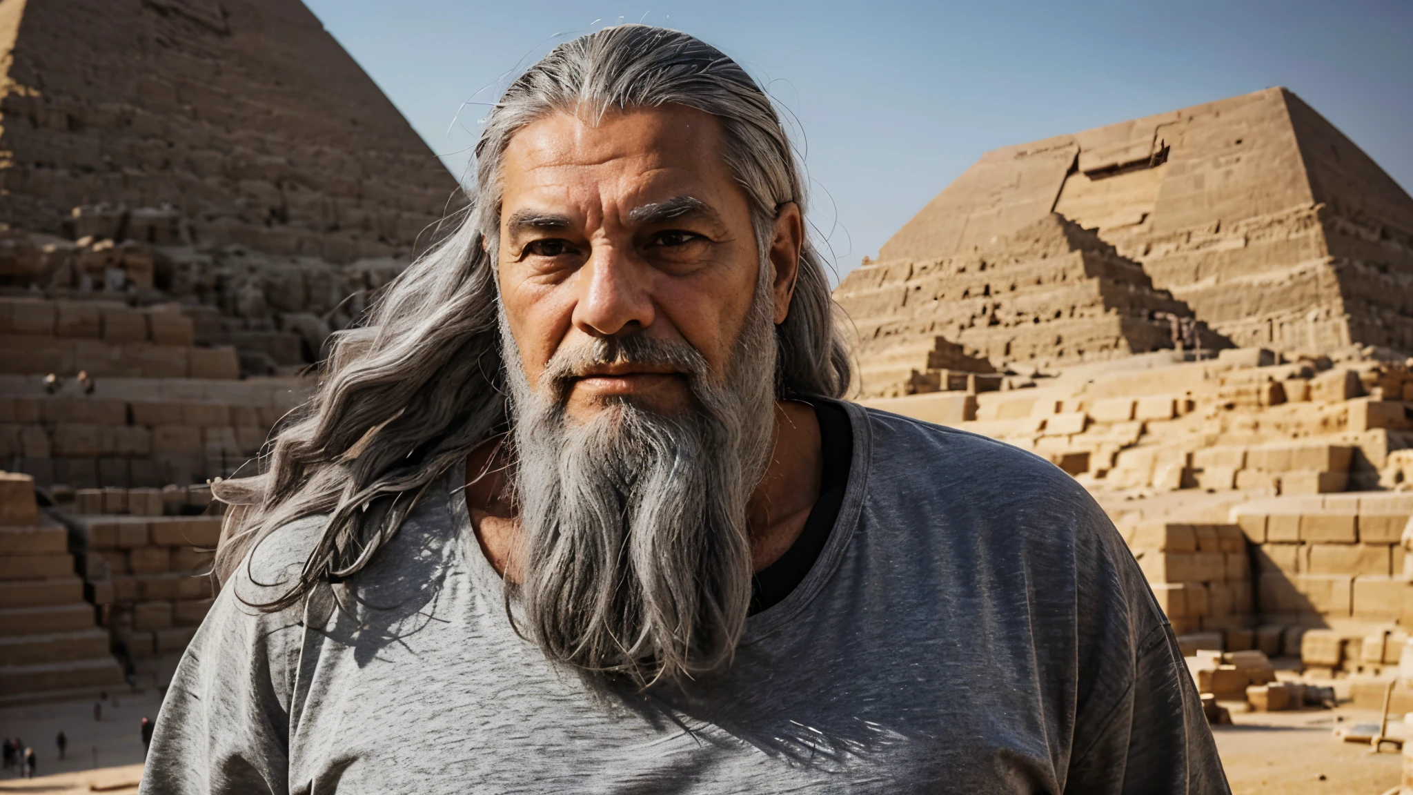 gray-haired elderly man with a big long gray beard, in gray clothes of ancient Greece without decorations, on the background of Egyptian pyramids, waist portrait
