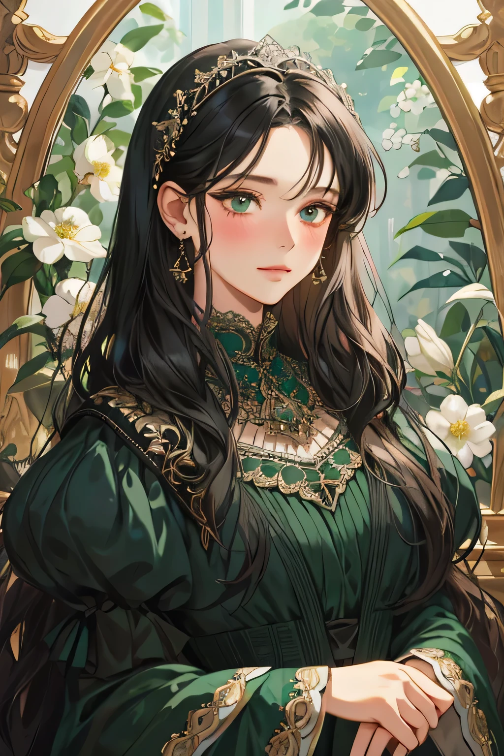 (extreamly delicate and beautiful:1.2), 8K,(masterpiece:1.0),(best_quality:1.0), 1 girl, and intricate detailing, Enlarged textures, and intricate detailing, finely eye and detailed face, and intricate detailing, black long hair, (closed mouths), Perfect eyes, Equal eyes, carolina eyes (A famale god) classic green dress yunani romawi, look at camera, look 50 years old, blush