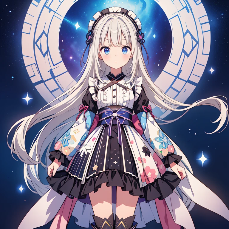 Star Fairy、(masterpiece, best quality), 1girl, 「A beautifully printed galaxy patterned kimono and gothic lolita outfit、Space pattern box pleated mini skirt with ruffles、Standing in front of the viewer、Knee-high boots、Captivating eyes、Perfect and stunning face、Exquisite details、Clear images、highest quality。」Milky white and blue gradient long straight hair、