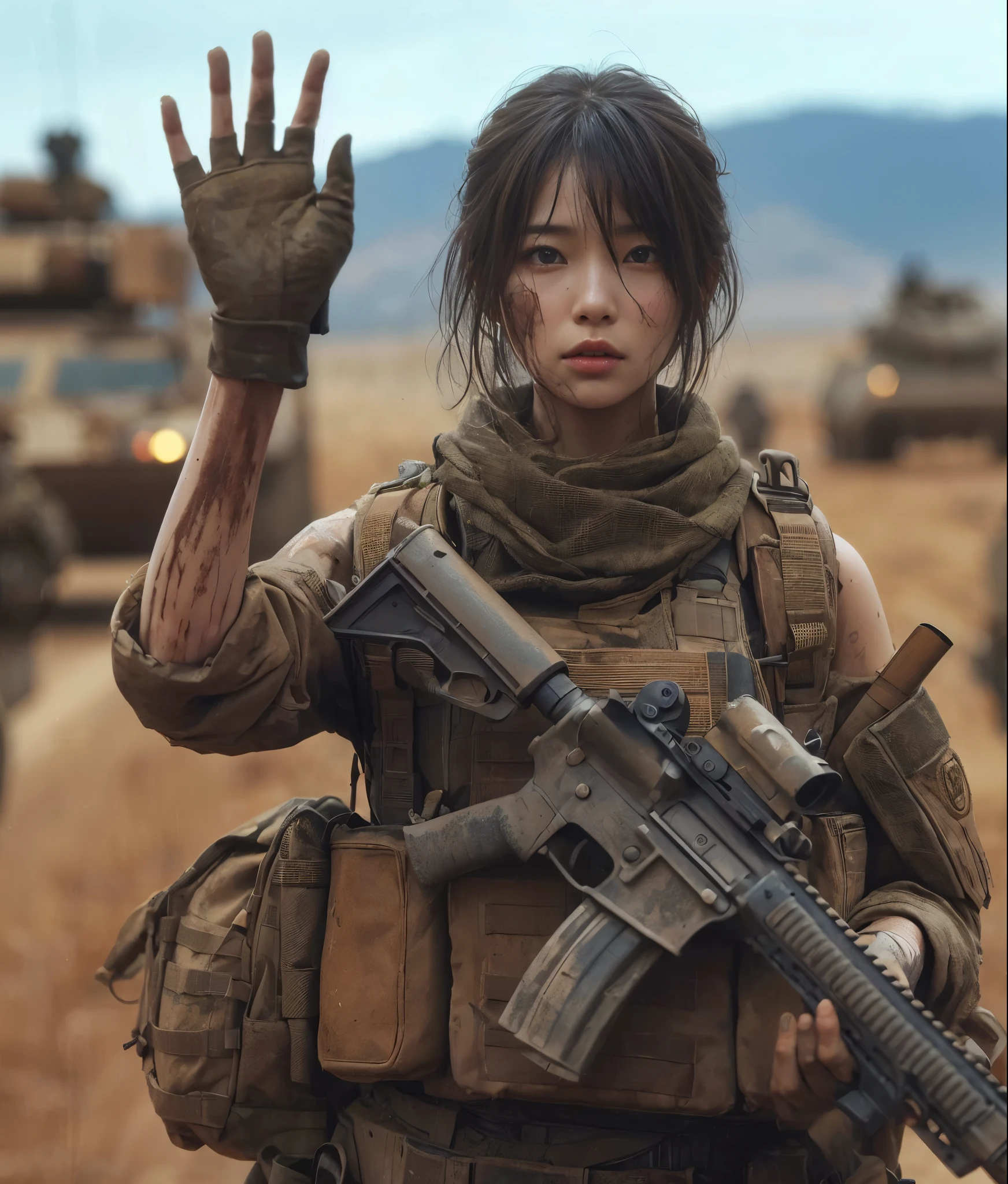 8K, realistic photo, realistic skin texture, Japanese women in the U.S. Army、、wasteland、mud、Automatic rifle、Bulletproof vest、backpack、Several tanks and military vehicles are seen in the distance.、Move forward at a fast pace、Signal to move forward、The background is out of focus