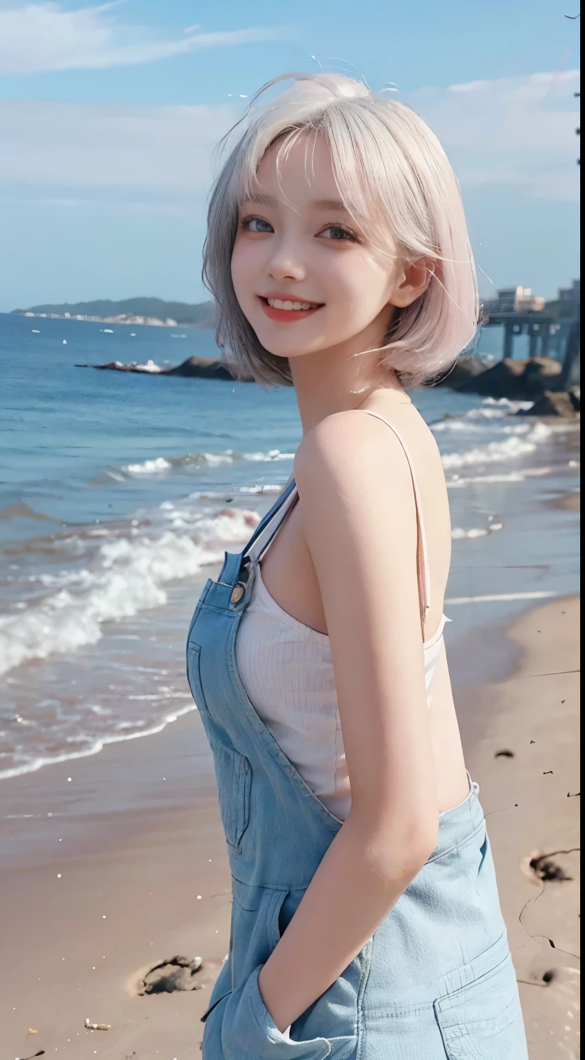 Best image quality、RAW Photos、超A high resolution、21 years old Korean、Small breasts、Dynamic Angle、Cowboy Shot、Chaos in its most beautiful form、elegant、Brutalist Design、Vibrant colors、Beautiful white hair、Short Bob、smile、fun、smile、Glowing White Skin、Beautiful eyes with random colors、Very thin lips、Beautiful eyes in every detail、length, Narrow eyes、Cheeks are pale pink、length eyelashes、Beautiful double eyelids、eye shadow、Bright white hair、Overalls、Sandy Beach、Shooting from the side、Full Body Shot、The wind is blowing
