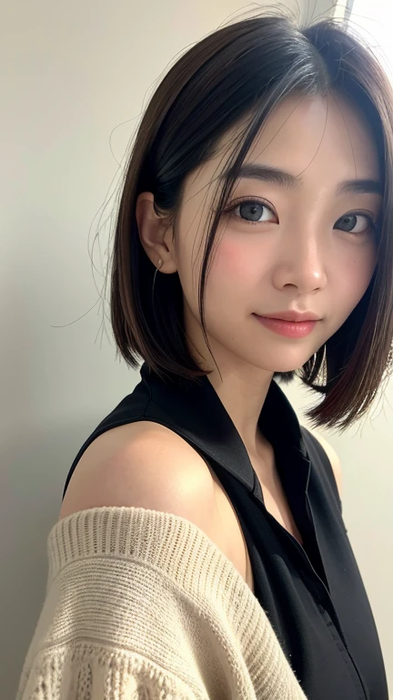 (((Close-up of face)))、(((Absolutely shoulder-length brown straight short bob)))、(((She is posing like a hair salon model, with a black wall indoors as the background.)))、(((Casual black winter long sleeves with shoulders covered)))、Half Japanese, half Korean、18 year old girl、Standing Alone、Looking forward、Light eye makeup、Brown Hair Color、Flat and 、Hair blowing in the wind、Actress Quality、Glossy, ultra-realistic face、Smiling face、Watery eyes、Gazing Up、Subtle lighting effects、 Ultra-Realistic Capture、Very detailed、High resolution 16K close up of human skin。Skin texture must be natural、The details must be such that pores can be clearly seen、The skin is healthy、Uniform tone、Use natural light and colors、A worn-out, high-quality photo taken by a model agency's in-house photographer.、smile、(((SIGMA 300 mm F/1.4,1/1000 sec shutter,ISO 400)))