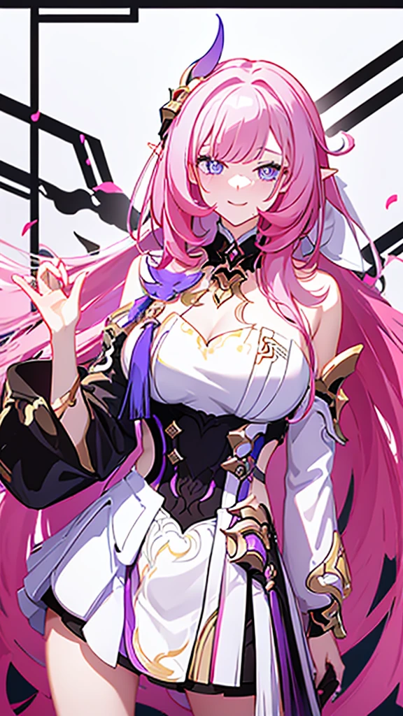 ((Masterpiece)), ((aesthetic)), ((8K)), ((perfect girl)), 1girl, pink hair, long hair, 《Elysia》, 《Honkai Impact 3rd》, slim body, (cute face), (look at a viewer), (horny smile), ((heart-shaped pupils on her eyes)), cute pose, large breasts, wear a tight shirt, white,  wear a tight skirt, black