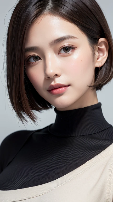 (((Close-up of face)))、(((Absolutely shoulder-length brown straight short bob)))、(((She is posing like a hair salon model, with a black wall indoors as the background.)))、(((Casual black winter long sleeves with shoulders covered)))、Half Japanese, half Korean、18 year old girl、Standing Alone、Looking forward、Light eye makeup、Brown Hair Color、Flat and 、Hair blowing in the wind、Actress Quality、Glossy, ultra-realistic face、Smiling face、Watery eyes、Gazing Up、Subtle lighting effects、 Ultra-Realistic Capture、Very detailed、High resolution 16K close up of human skin。Skin texture must be natural、The details must be such that pores can be clearly seen、The skin is healthy、Uniform tone、Use natural light and colors、A worn-out, high-quality photo taken by a model agency's in-house photographer.、smile、(((SIGMA 300 mm F/1.4,1/1000 sec shutter,ISO 400)))