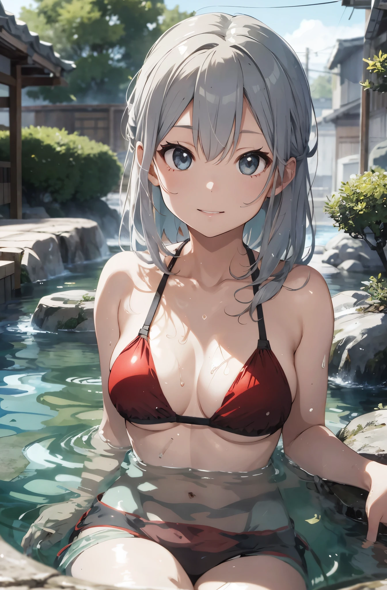 Silver-haired girl drawn in high resolution Japanese anime style、Realistic background blur that looks like it was taken with a high-performance camera.、Please provide high quality illustrations........。Beautiful woman soaking in a hot spring with a relaxed expression.、The steam rising from the bathtub is beautifully depicted....................。Attention to detail in hair and skin、There are no houses around、quiet、Enjoy the natural texture。Communicating the atmosphere of a hot spring town、Please also draw the surrounding scenery and hot spring facilities....................。Highlighting a beautiful girl in a red bikini。。。、Please draw an illustration that captures her charm....................。Wakame seaweed、Wakame seaweed、Wakame seaweed、Wakame seaweed、Wakame seaweed、Wakame seaweed、