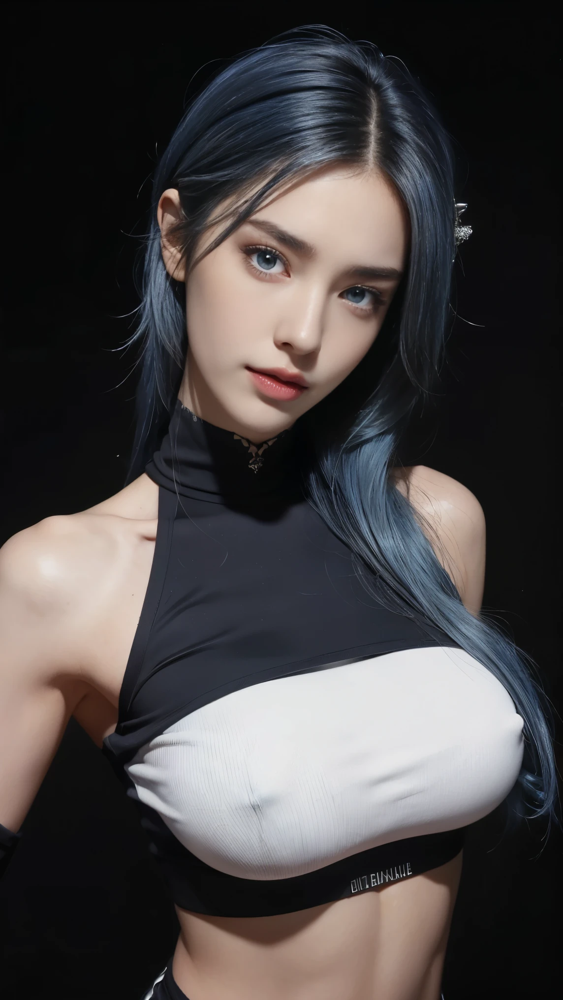 8K, Top Quality, Intricate Details, Ultra Detail, Ultra High Resolution, Masterpiece, close up shot, (full body: 1.1), Slender, Smile, (Makeup: 0.4), (Fluffy Eyes: 1.21), (()), 1girl, solo, 1 girl, ((blue hair, blue eyes, hair over one eyes, , long hair, hair ornament)), close up shot, , ((tall)), (((fit body))), (((slim face))), sharp face, (( crop top, hot pants,)) (detailed face), sharp face, small lips, , , ,
((, )), , ((,)), detailed face, detailed breast, , ((large breast, huge breast)), detail ass, Narrow Waist, Skinny, tall , 175 cm tall, Muscular, Navel, Exposed Abdomen, Pointed Chest,, Beautiful girl with accentuated slender abs: 1.4, Six Pack Abs: 1.4, Bust Botox, Big, Perfect Body, detail leg, (( dark background)), black background,