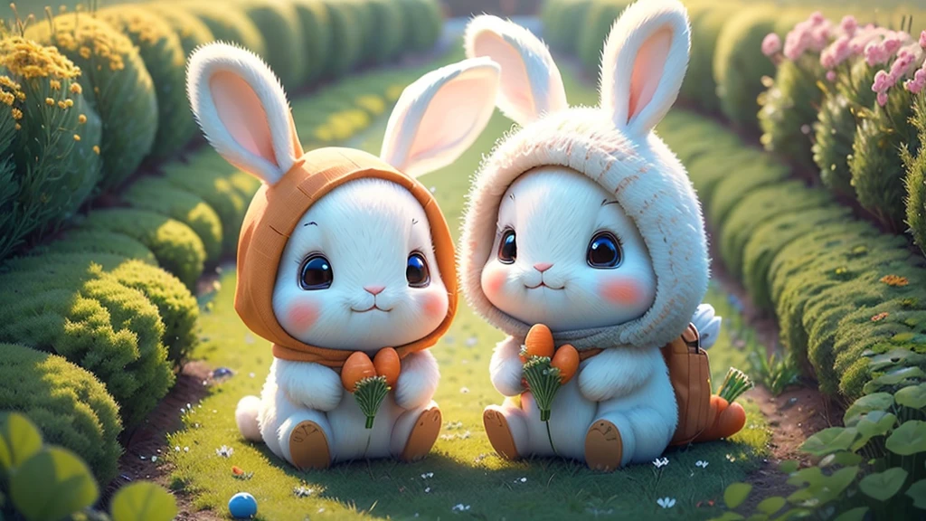 Write a picture of a cheerful and adorable rabbit, Two rabbits getting married. A carrot field spreads out before your eyes.,I have a carrot in my hand,