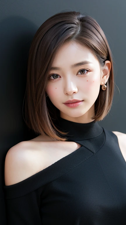 (((Close-up of face)))、(((Absolutely shoulder-length brown straight short bob)))、(((She is posing like a hair salon model, with a black wall indoors as the background.)))、(((Casual black winter long sleeves with shoulders covered)))、Half Japanese, half Korean、18 year old girl、Standing Alone、Looking forward、Light eye makeup、Brown Hair Color、Flat and 、Hair blowing in the wind、Actress Quality、Glossy, ultra-realistic face、Smiling face、Watery eyes、Gazing Up、Subtle lighting effects、 Ultra-Realistic Capture、Very detailed、High resolution 16K close up of human skin。Skin texture must be natural、The details must be such that pores can be clearly seen、The skin is healthy、Uniform tone、Use natural light and colors、A worn-out, high-quality photo taken by a model agency's in-house photographer.、smile、(((SIGMA 300 mm F/1.4,1/1000 sec shutter,ISO 400)))