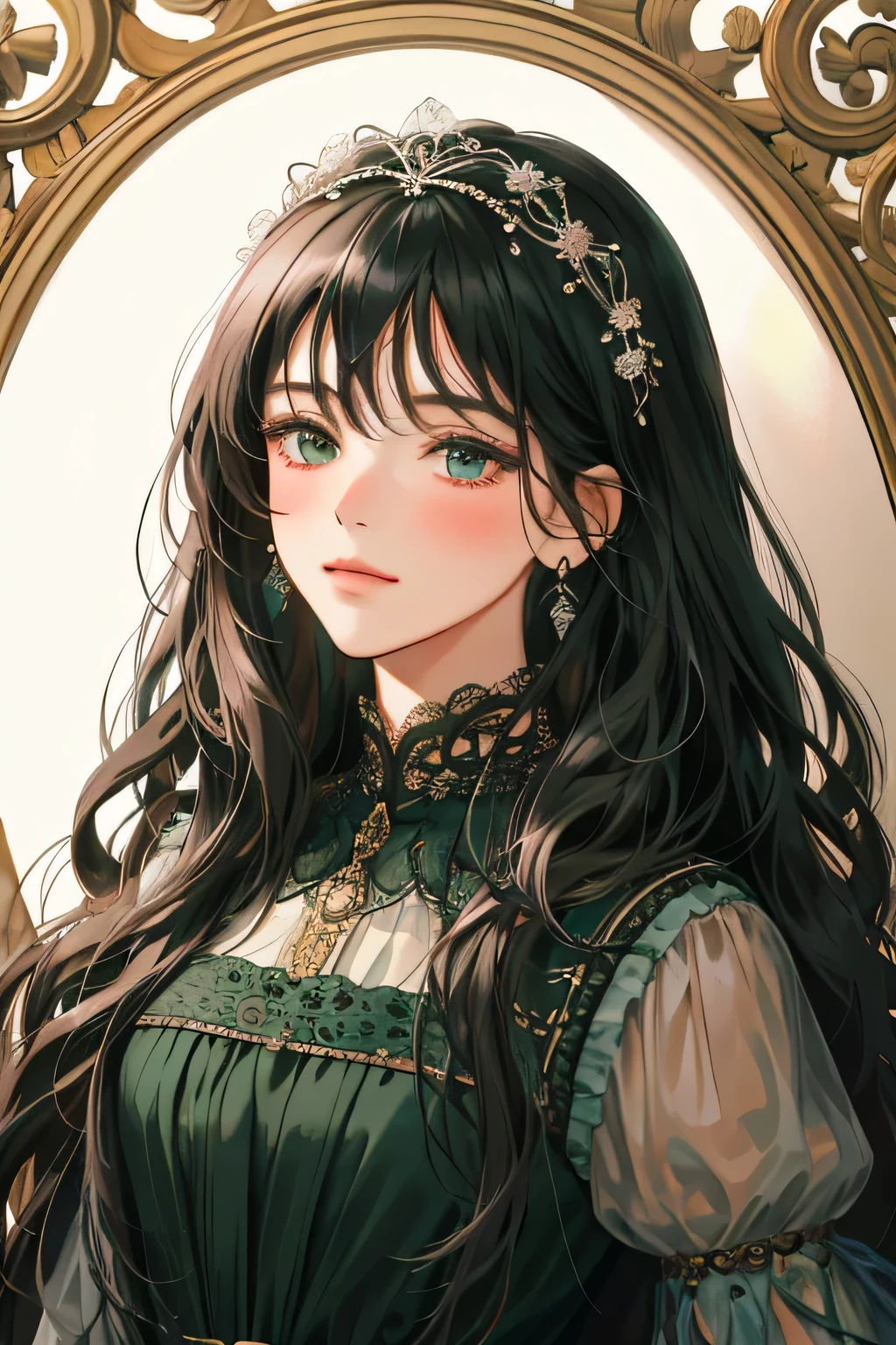 (extreamly delicate and beautiful:1.2), 8K,(masterpiece:1.0),(best_quality:1.0), 1 girl, and intricate detailing, Enlarged textures, and intricate detailing, finely eye and detailed face, and intricate detailing, black long hair, (closed mouths), Perfect eyes, Equal eyes, carolina eyes (A famale god) classic green dress yunani romawi, look at camera, look 50 years old, blush