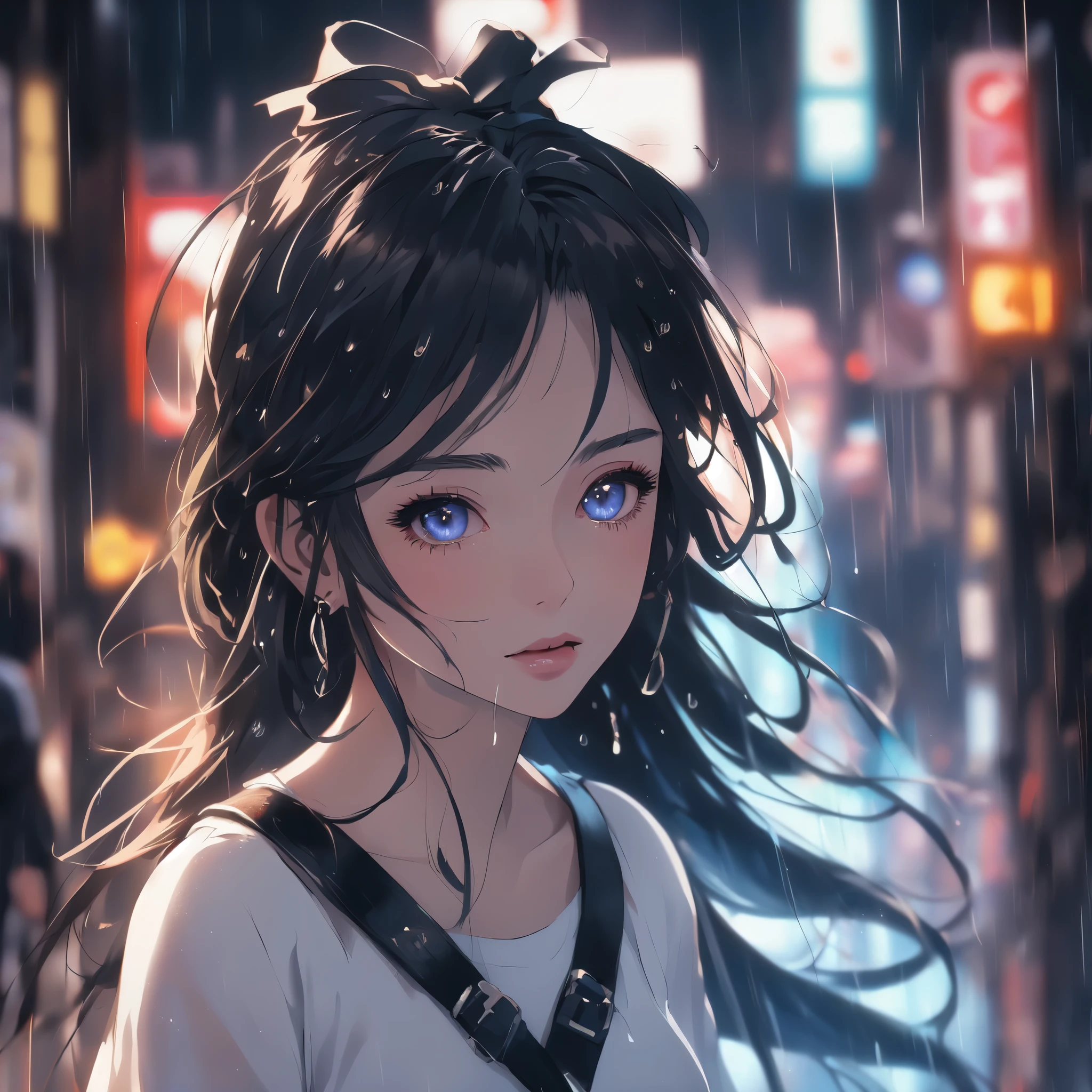 ((8k,masterpiece, best quality, highres)) ultra-detailed, Create a realistic illustration of a beautiful anime-style girl with long hair walking through the rainy neon streets of Tokyo. The girl should have realistic eyes, a perfect face, and a perfect body.