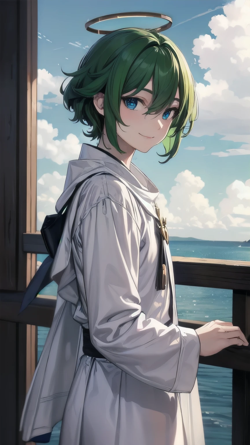 (masterpiece), ((sfw)), best quality, expressive eyes, perfect face, mature male, (1boy, adult Man), young adult, young man, solo, Green hair BREAK ahoge, blue eyes BREAK angel, priest, background sky, clouds, cloudy sky, day, outdoors, white outfit BREAK halo, standing, smile