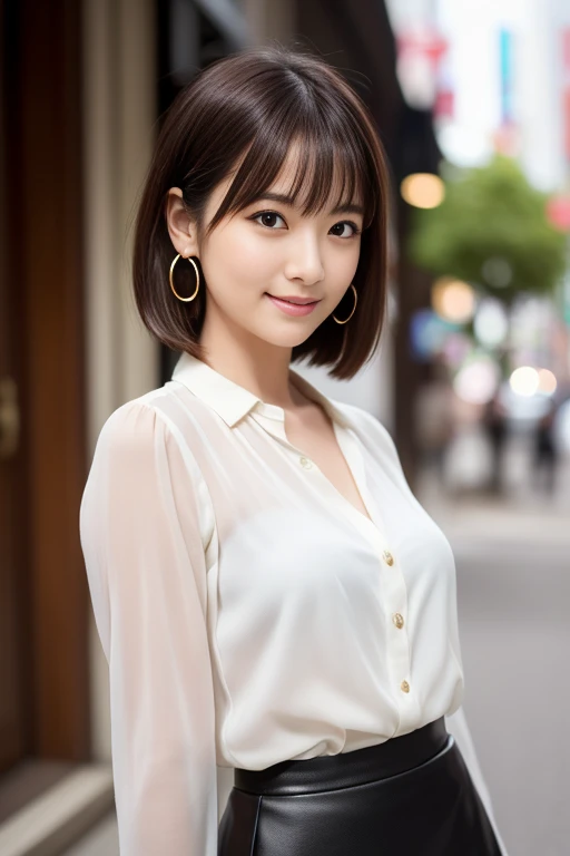 (masterpiece)、(highest quality:1.5)、(16K Wallpaper:1.2)、(Photorealistic:1.2)、(Ultra-detailed:1.2)、(超A high resolution:1.2),(Surreal), (figure), (High resolution), (Very detailed), (best figure), (Professional), (Realistic), (Post-processing), (maximum detail), (Very detailed),(Sharp focus), Sharp focus:1.2,Photorealistic, Ultra-realistic, Backlight, Bright light, (Improvement of quality:1.4),
Healthy thighs、Narrow waist、Big Ass、(Beautiful legs)、((Perfectly detailed five-fingered hands)),(Anatomically correct body)、((1 female:1.4))、Realistic Skin、(Small chest:1.4),Pretty woman with perfect figure:1.4,(from the front:1.5), (Enhances the beauty of skin texture:1.1),
(Beautiful fine details), (Detailed face),Beautiful realistic face,No makeup、美しいBlack Hair、Super Beauty、The best smile、Natural color lip、Even bangs、((29-year-old woman))、Bob Hair、Hair blowing in the wind, (Black Hair, Iris, Watery eyes, Shining Eyes, Short Bob Cut, Small earrings, Lightly reddish), Hair behind the ear、No makeup、
((Tucked Skirt, White blouse:1.3)),Are standing),Summer clothes natural light, full length、 人間の肌のためのHigh resolution16K、 The skin texture is natural、The skin looks healthy、The color is also uniform.、 Use natural light and color,Tokyo cityscape
