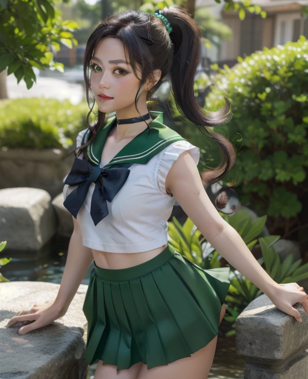  Jupiter, Jupiter Outfit, Green sailor collar, Green Skirt, Sailor Warrior Uniforms, ponytail, View your viewers, Outdoor, 