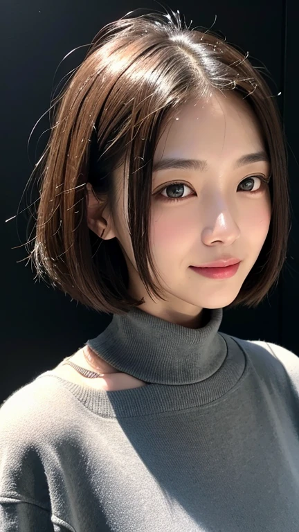 (((Close-up of face)))、(((Absolutely shoulder-length brown straight short bob)))、(((She is posing like a hair salon model, with a black wall indoors as the background.)))、(((Casual black winter long sleeves with shoulders covered)))、Half Japanese, half Korean、18 year old girl、Standing Alone、Looking forward、Light eye makeup、Brown Hair Color、Flat and 、Hair blowing in the wind、Actress Quality、Glossy, ultra-realistic face、Smiling face、Watery eyes、Gazing Up、Subtle lighting effects、 Ultra-Realistic Capture、Very detailed、High resolution 16K close up of human skin。Skin texture must be natural、The details must be such that pores can be clearly seen、The skin is healthy、Uniform tone、Use natural light and colors、A worn-out, high-quality photo taken by a model agency&#39;s in-house photographer.、smile、(((SIGMA 300 mm F/1.4,1/1000 sec shutter,ISO 400))) 