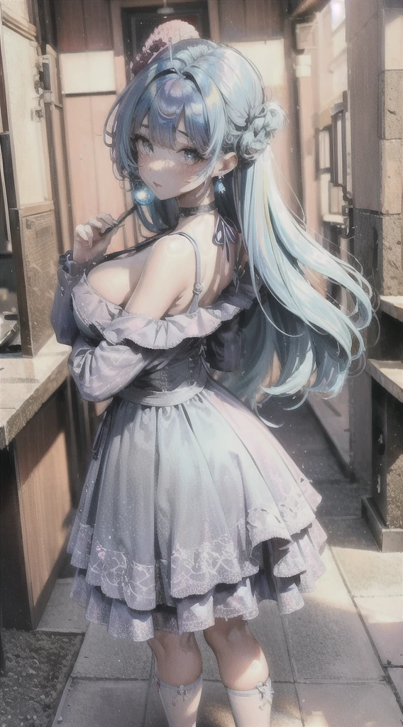 1 woman, magical girl, Blue hair, rainbow pupils, delicate face, cute, love earrings, raimbow dress, standing in front a glass monument