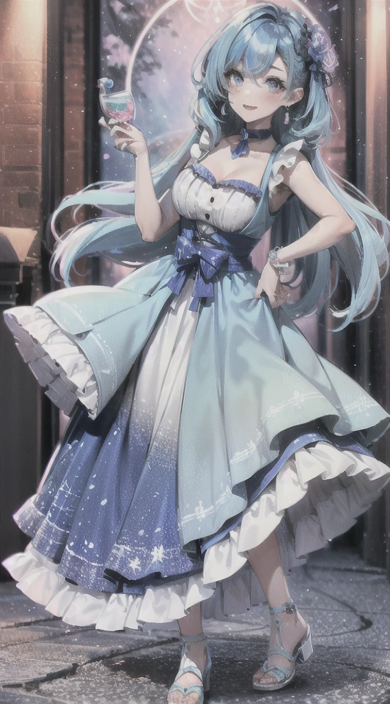 1 woman, magical girl, Blue hair, rainbow pupils, delicate face, cute, love earrings, raimbow dress, standing in front a glass monument