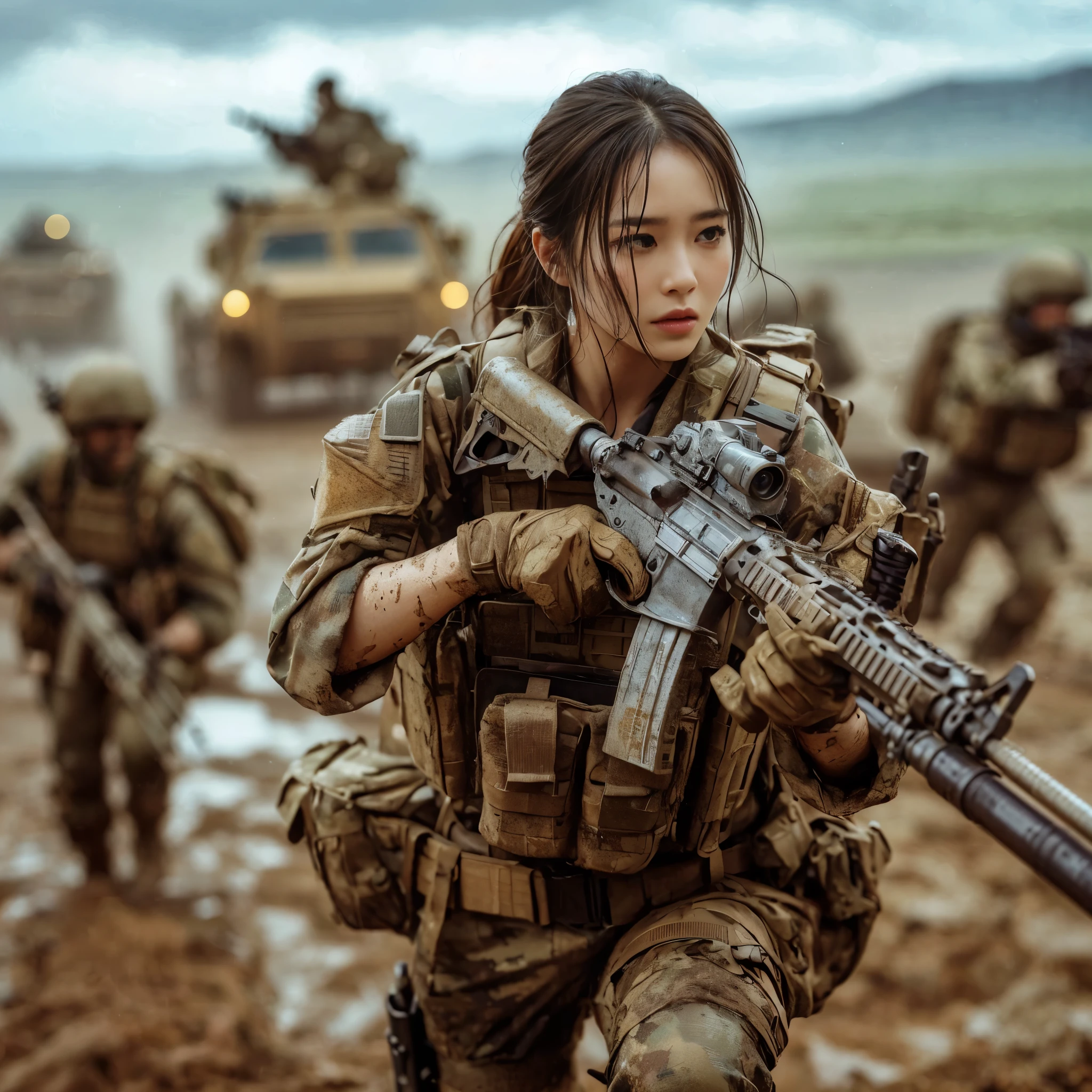 8K, realistic photo, realistic skin texture, Japanese women in the U.S. Army、、wasteland、mud、Automatic rifle、Bulletproof vest、backpack、Several tanks and military vehicles are seen in the distance.、Move forward at a fast pace、Signal to move forward、The background is out of focus