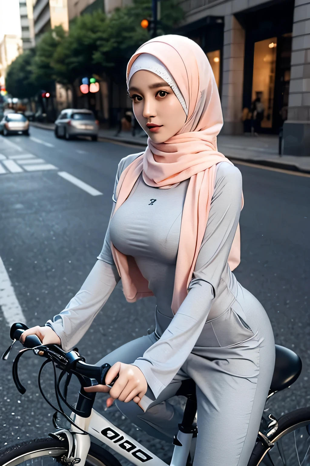 1 lady, 20 years old, pale skinned, thin body,  wearing peach hijab, hijab covers whole hair, wearing grey jersey suit, sitting on bicycle bicyle, outdoor, big eyes, shiny skin, big breast (huge breast 1.6), shot from front