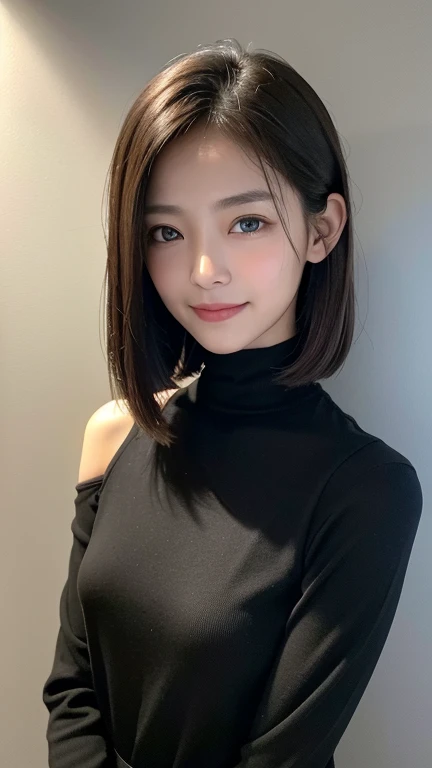 (((Close-up of face)))、(((Absolutely shoulder-length brown straight short bob)))、(((She is posing like a hair salon model, with a black wall indoors as the background.)))、(((Casual black winter long sleeves with shoulders covered)))、Half Japanese, half Korean、18 year old girl、Standing Alone、Looking forward、Light eye makeup、Brown Hair Color、Flat and 、Hair blowing in the wind、Actress Quality、Glossy, ultra-realistic face、Smiling face、Watery eyes、Gazing Up、Subtle lighting effects、 Ultra-Realistic Capture、Very detailed、High resolution 16K close up of human skin。Skin texture must be natural、The details must be such that pores can be clearly seen、The skin is healthy、Uniform tone、Use natural light and colors、A worn-out, high-quality photo taken by a model agency&#39;s in-house photographer.、smile、(((SIGMA 300 mm F/1.4,1/1000 sec shutter,ISO 400))) 