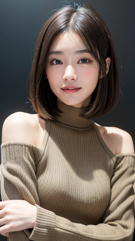(((Close-up of face)))、(((Absolutely shoulder-length brown straight short bob)))、(((She is posing like a hair salon model, with a black wall indoors as the background.)))、(((Casual black winter long sleeves with shoulders covered)))、Half Japanese, half Korean、18 year old girl、Standing Alone、Looking forward、Light eye makeup、Brown Hair Color、Flat and 、Hair blowing in the wind、Actress Quality、Glossy, ultra-realistic face、Smiling face、Watery eyes、Gazing Up、Subtle lighting effects、 Ultra-Realistic Capture、Very detailed、High resolution 16K close up of human skin。Skin texture must be natural、The details must be such that pores can be clearly seen、The skin is healthy、Uniform tone、Use natural light and colors、A worn-out, high-quality photo taken by a model agency's in-house photographer.、smile、(((SIGMA 300 mm F/1.4,1/1000 sec shutter,ISO 400)))