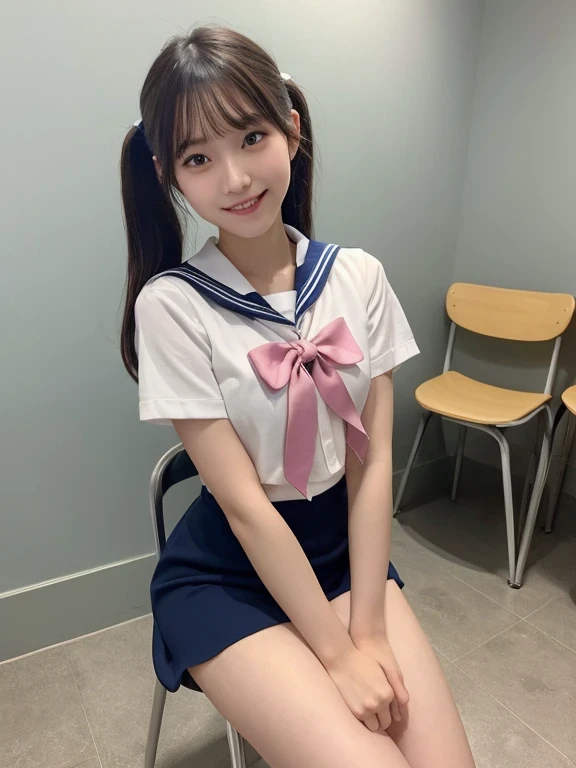 In detail,Full body photo、 Two high school girls、High resolution, high quality、Slim body、Perfect dynamic composition, Beautiful fine details, Blonde、Twin tails、Natural color lip,Kamimei、、Clear Skin、Sailor suit、Navy blue mini skirt、Thighs、Shiny Hair、最high quality, figure, Very detailed, In detail, High resolution, 8k、The correct state of the human body、Sculpture model pose,Pink wall,Sitting in a chair、Thighs are visible、smile、