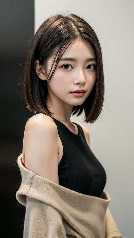 (((Close-up of face)))、(((Absolutely shoulder-length brown straight short bob)))、(((She is posing like a hair salon model, with a black wall indoors as the background.)))、(((Casual black winter long sleeves with shoulders covered)))、Half Japanese, half Korean、18 year old girl、Standing Alone、Looking forward、Light eye makeup、Brown Hair Color、Flat and 、Hair blowing in the wind、Actress Quality、Glossy, ultra-realistic face、Smiling face、Watery eyes、Gazing Up、Subtle lighting effects、 Ultra-Realistic Capture、Very detailed、High resolution 16K close up of human skin。Skin texture must be natural、The details must be such that pores can be clearly seen、The skin is healthy、Uniform tone、Use natural light and colors、A worn-out, high-quality photo taken by a model agency&#39;s in-house photographer.、smile、(((SIGMA 300 mm F/1.4,1/1000 sec shutter,ISO 400))) 