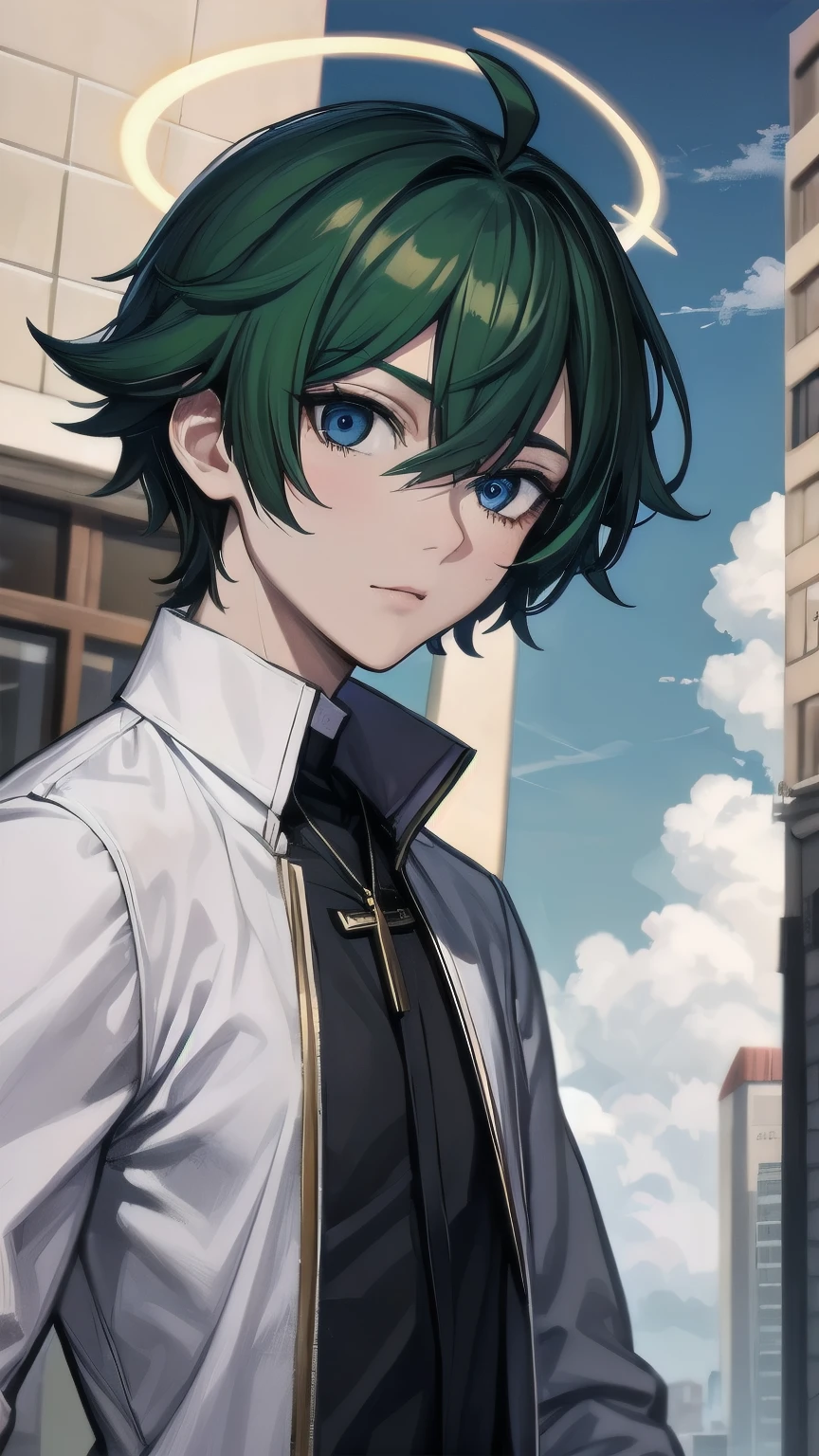 (masterpiece), ((sfw)), best quality, expressive eyes, perfect face, mature male, (1boy, adult Man), young adult, young man, solo, Green hair BREAK ahoge, blue eyes BREAK angel, priest, background sky, clouds, cloudy sky, day, outdoors, white outfit BREAK halo, standing 