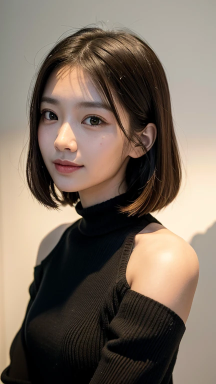 (((Close-up of face)))、(((Absolutely shoulder-length brown straight short bob)))、(((She is posing like a hair salon model, with a black wall indoors as the background.)))、(((Casual black winter long sleeves with shoulders covered)))、Half Japanese, half Korean、18 year old girl、Standing Alone、Looking forward、Light eye makeup、Brown Hair Color、Flat and 、Hair blowing in the wind、Actress Quality、Glossy, ultra-realistic face、Smiling face、Watery eyes、Gazing Up、Subtle lighting effects、 Ultra-Realistic Capture、Very detailed、High resolution 16K close up of human skin。Skin texture must be natural、The details must be such that pores can be clearly seen、The skin is healthy、Uniform tone、Use natural light and colors、A worn-out, high-quality photo taken by a model agency's in-house photographer.、smile、(((SIGMA 300 mm F/1.4,1/1000 sec shutter,ISO 400)))