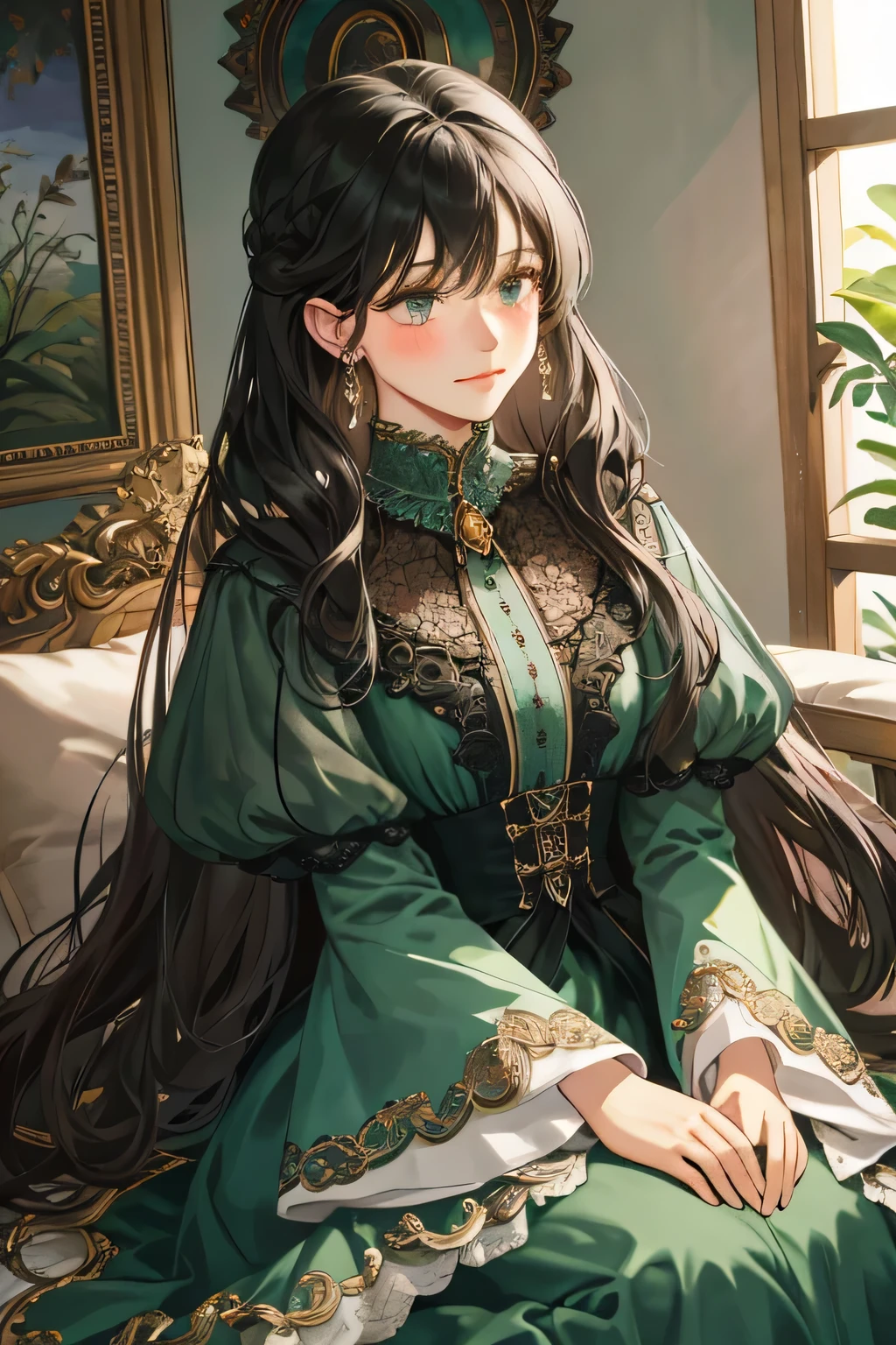 (extreamly delicate and beautiful:1.2), 8K,(masterpiece:1.0),(best_quality:1.0), 1 girl, and intricate detailing, Enlarged textures, and intricate detailing, finely eye and detailed face, and intricate detailing, black long hair, (closed mouths), Perfect eyes, Equal eyes, carolina eyes (A famale god) classic green dress yunani romawi, look at camera, look 50 years old, blush