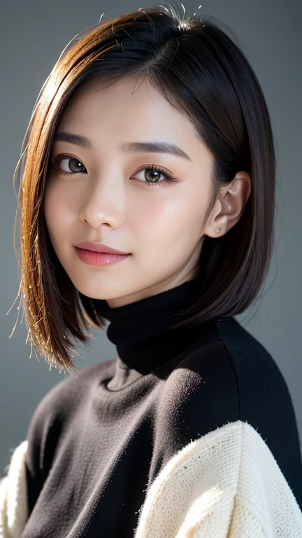 (((Close-up of face)))、(((Absolutely shoulder-length brown straight short bob)))、(((She is posing like a hair salon model, with a black wall indoors as the background.)))、(((Casual black winter long sleeves with shoulders covered)))、Half Japanese, half Korean、18 year old girl、Standing Alone、Looking forward、Light eye makeup、Brown Hair Color、Flat and 、Hair blowing in the wind、Actress Quality、Glossy, ultra-realistic face、Smiling face、Watery eyes、Gazing Up、Subtle lighting effects、 Ultra-Realistic Capture、Very detailed、High resolution 16K close up of human skin。Skin texture must be natural、The details must be such that pores can be clearly seen、The skin is healthy、Uniform tone、Use natural light and colors、A worn-out, high-quality photo taken by a model agency&#39;s in-house photographer.、smile、(((SIGMA 300 mm F/1.4,1/1000 sec shutter,ISO 400))) 