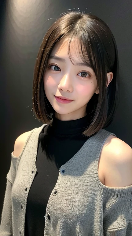 (((Close-up of face)))、(((Absolutely shoulder-length brown straight short bob)))、(((She is posing like a hair salon model, with a black wall indoors as the background.)))、(((Casual black winter long sleeves with shoulders covered)))、Half Japanese, half Korean、18 year old girl、Standing Alone、Looking forward、Light eye makeup、Brown Hair Color、Flat and 、Hair blowing in the wind、Actress Quality、Glossy, ultra-realistic face、Smiling face、Watery eyes、Gazing Up、Subtle lighting effects、 Ultra-Realistic Capture、Very detailed、High resolution 16K close up of human skin。Skin texture must be natural、The details must be such that pores can be clearly seen、The skin is healthy、Uniform tone、Use natural light and colors、A worn-out, high-quality photo taken by a model agency's in-house photographer.、smile、(((SIGMA 300 mm F/1.4,1/1000 sec shutter,ISO 400)))