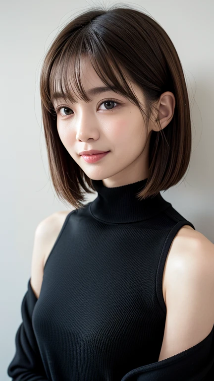 (((Close-up of face)))、(((Absolutely shoulder-length brown straight short bob)))、(((She is posing like a hair salon model, with a black wall indoors as the background.)))、(((Casual black winter long sleeves with shoulders covered)))、Half Japanese, half Korean、18 year old girl、Standing Alone、Looking forward、Light eye makeup、Brown Hair Color、Flat and 、Hair blowing in the wind、Actress Quality、Glossy, ultra-realistic face、Smiling face、Watery eyes、Gazing Up、Subtle lighting effects、 Ultra-Realistic Capture、Very detailed、High resolution 16K close up of human skin。Skin texture must be natural、The details must be such that pores can be clearly seen、The skin is healthy、Uniform tone、Use natural light and colors、A worn-out, high-quality photo taken by a model agency's in-house photographer.、smile、(((SIGMA 300 mm F/1.4,1/1000 sec shutter,ISO 400)))