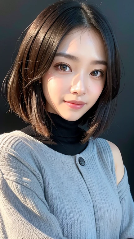 (((Close-up of face)))、(((Absolutely shoulder-length brown straight short bob)))、(((She is posing like a hair salon model, with a black wall indoors as the background.)))、(((Casual black winter long sleeves with shoulders covered)))、Half Japanese, half Korean、18 year old girl、Standing Alone、Looking forward、Light eye makeup、Brown Hair Color、Flat and 、Hair blowing in the wind、Actress Quality、Glossy, ultra-realistic face、Smiling face、Watery eyes、Gazing Up、Subtle lighting effects、 Ultra-Realistic Capture、Very detailed、High resolution 16K close up of human skin。Skin texture must be natural、The details must be such that pores can be clearly seen、The skin is healthy、Uniform tone、Use natural light and colors、A worn-out, high-quality photo taken by a model agency's in-house photographer.、smile、(((SIGMA 300 mm F/1.4,1/1000 sec shutter,ISO 400)))
