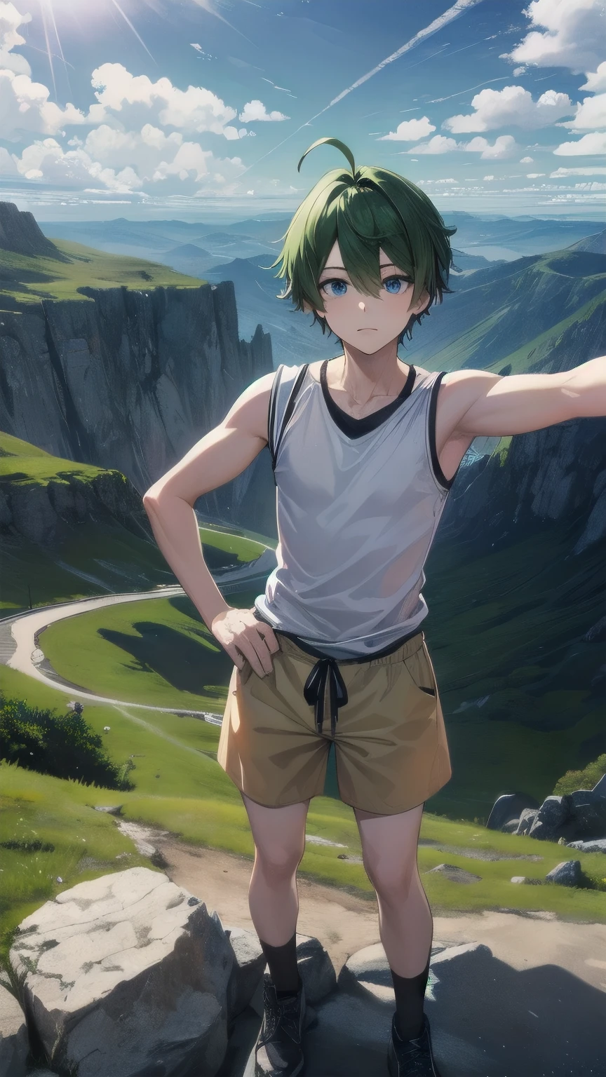 (masterpiece), ((sfw)), best quality, expressive eyes, perfect face, mature male, (1boy, adult Man), young adult, young man, solo, Green hair BREAK ahoge, blue eyes BREAK (hiking), sleeveless, white shirt BREAK yellow shorts BREAK mountainous road, rocks, mountains, cloudy sky, day, standing