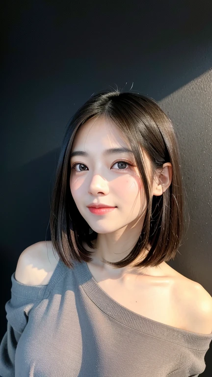 (((Close-up of face)))、(((Absolutely shoulder-length brown straight short bob)))、(((She is posing like a hair salon model, with a black wall indoors as the background.)))、(((Casual black winter long sleeves with shoulders covered)))、Half Japanese, half Korean、18 year old girl、Standing Alone、Looking forward、Light eye makeup、Brown Hair Color、Flat and 、Hair blowing in the wind、Actress Quality、Glossy, ultra-realistic face、Smiling face、Watery eyes、Gazing Up、Subtle lighting effects、 Ultra-Realistic Capture、Very detailed、High resolution 16K close up of human skin。Skin texture must be natural、The details must be such that pores can be clearly seen、The skin is healthy、Uniform tone、Use natural light and colors、A worn-out, high-quality photo taken by a model agency's in-house photographer.、smile、(((SIGMA 300 mm F/1.4,1/1000 sec shutter,ISO 400)))