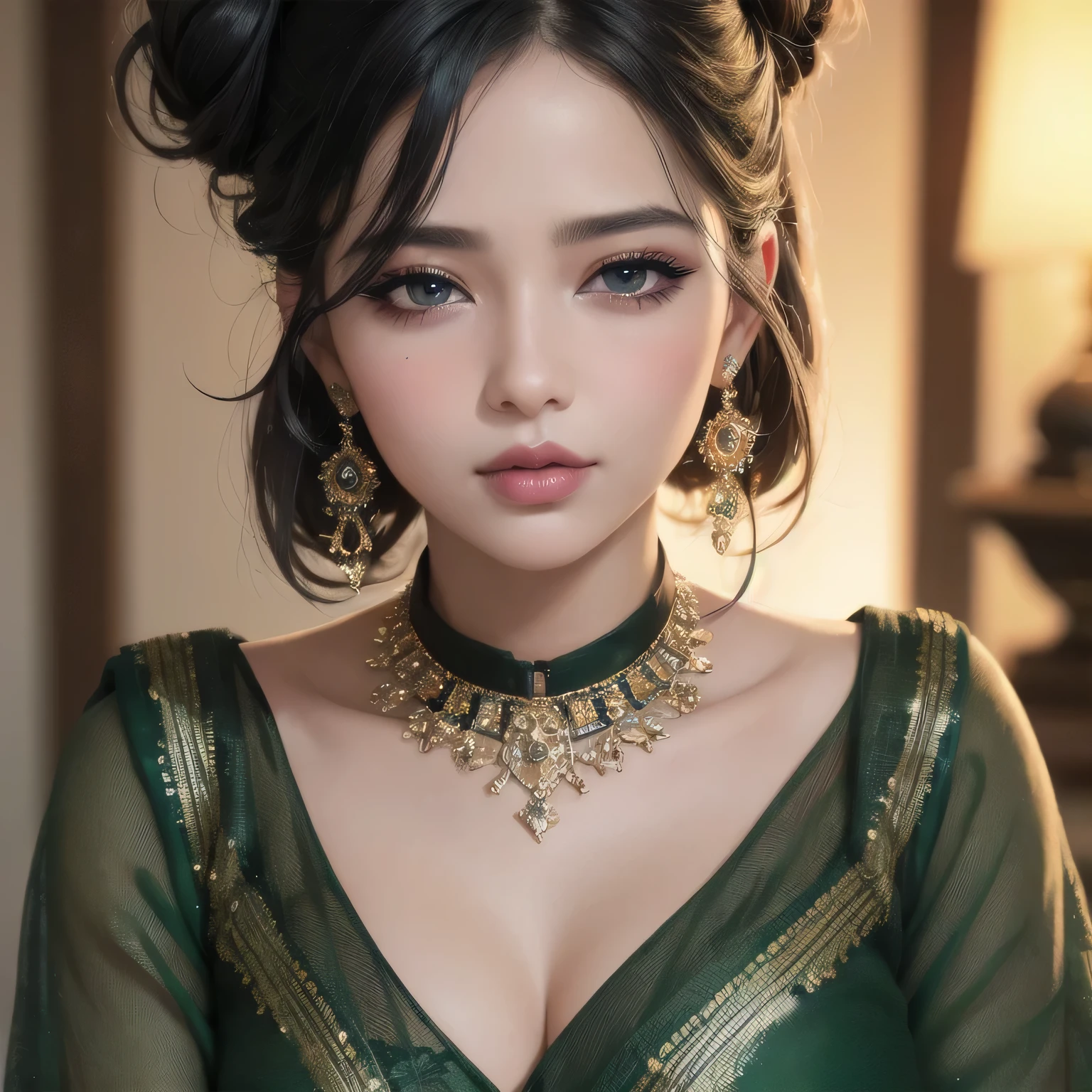 (best quality, highres, ultra-detailed), beautiful detailed eyes, perfect lips, sexy, amazing portrait, messy bun, black hair, amazing makeup, intense blush, flustered, lustful, black blouse, sheer dark green saree, hot, vibrant colors, soft lighting