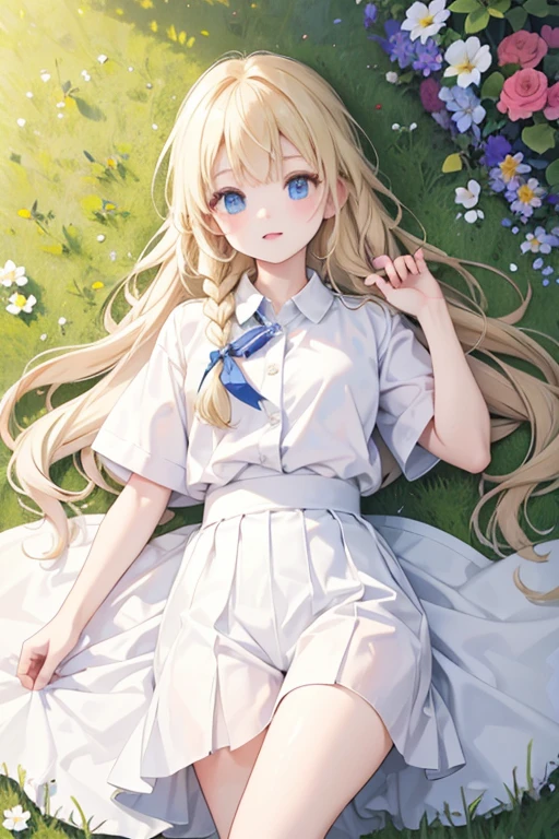 masterpiece, highest quality, High resolution, One 14-year-old girl、blue eyes、
Blonde, Braid、uniform, White shirt, Checked skirt, White shorts、garden、Lying on the grass