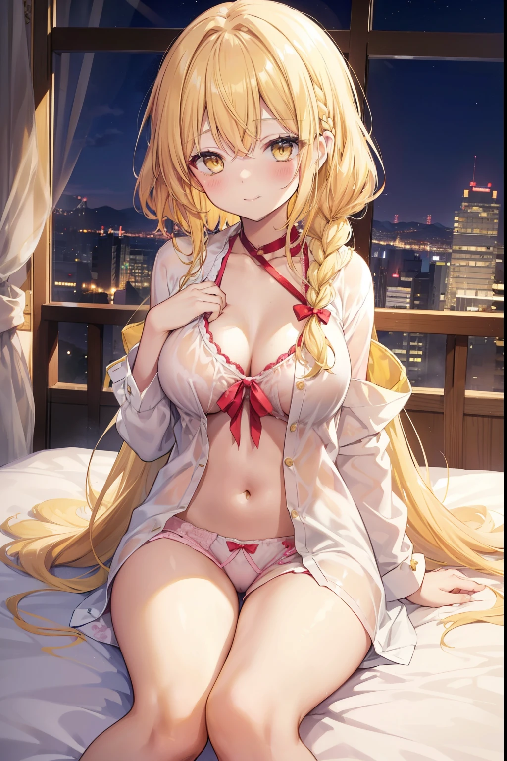 Mahiru shiina, , blonde, (Yellow Eyes:1.3)、Braided long hair,,blush,smile,night、Beautiful views, Attractive thighs、Beautiful bare legs, Wearing sexy pajamas、Show off your breasts and seduce、Full chest、I can see your chest、Expose your breasts、You can see Pantastar&#39;s work..:1.2), highest quality, High resolution, unity 8k wallpaper, (shape:0.8), (Beautiful and beautiful eyes:1.6), Highly detailed face, Perfect lighting, Extremely detailed CG, (Perfect hands, Perfect Anatomy),