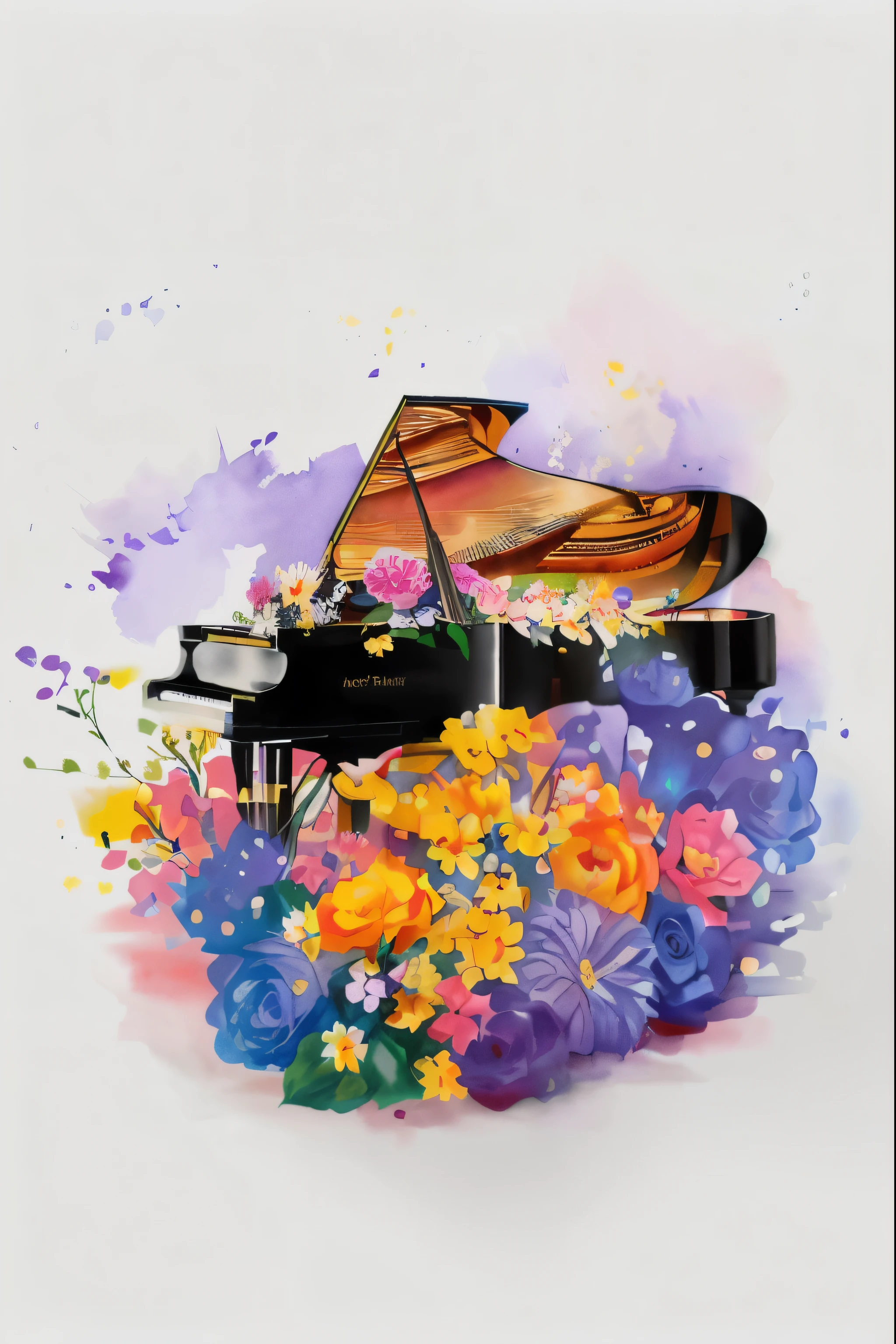 there is a grand piano and a bouquet of flowers on a table, wonderful compositions, A beautiful Art Illustration, grand piano, author:Marie Bashkirtsev, Beautiful digital illustrations, full piano, piano, Watercolor Digital Painting, pianos, brilliant composition, piano in the background, Elegant Numbers, Stylized digital illustration, Colorful numbers, energetic jazz piano portrait, Art Illustration