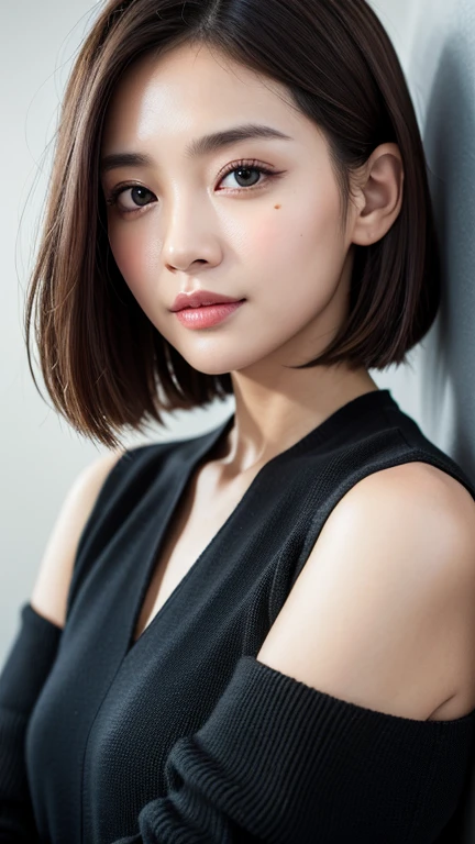 (((Close-up of face)))、(((Absolutely shoulder-length brown straight short bob)))、(((She is posing like a hair salon model, with a black wall indoors as the background.)))、(((Casual black winter long sleeves with shoulders covered)))、Half Japanese, half Korean、18 year old girl、Standing Alone、Looking forward、Light eye makeup、Brown Hair Color、Flat and 、Hair blowing in the wind、Actress Quality、Glossy, ultra-realistic face、Smiling face、Watery eyes、Gazing Up、Subtle lighting effects、 Ultra-Realistic Capture、Very detailed、High resolution 16K close up of human skin。Skin texture must be natural、The details must be such that pores can be clearly seen、The skin is healthy、Uniform tone、Use natural light and colors、A worn-out, high-quality photo taken by a model agency&#39;s in-house photographer.、smile、(((SIGMA 300 mm F/1.4,1/1000 sec shutter,ISO 400))) 