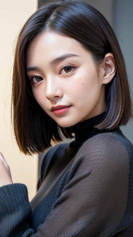 (((Close-up of face)))、(((Absolutely shoulder-length brown straight short bob)))、(((She is posing like a hair salon model, with a black wall indoors as the background.)))、(((Casual black winter long sleeves with shoulders covered)))、Half Japanese, half Korean、18 year old girl、Standing Alone、Looking forward、Light eye makeup、Brown Hair Color、Flat and 、Hair blowing in the wind、Actress Quality、Glossy, ultra-realistic face、Smiling face、Watery eyes、Gazing Up、Subtle lighting effects、 Ultra-Realistic Capture、Very detailed、High resolution 16K close up of human skin。Skin texture must be natural、The details must be such that pores can be clearly seen、The skin is healthy、Uniform tone、Use natural light and colors、A worn-out, high-quality photo taken by a model agency&#39;s in-house photographer.、smile、(((SIGMA 300 mm F/1.4,1/1000 sec shutter,ISO 400))) 