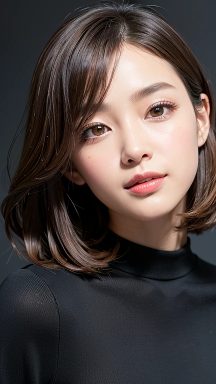 (((Close-up of face)))、(((Absolutely shoulder-length brown straight short bob)))、(((She is posing like a hair salon model, with a black wall indoors as the background.)))、(((Casual black winter long sleeves with shoulders covered)))、Half Japanese, half Korean、18 year old girl、Standing Alone、Looking forward、Light eye makeup、Brown Hair Color、Flat and 、Hair blowing in the wind、Actress Quality、Glossy, ultra-realistic face、Smiling face、Watery eyes、Gazing Up、Subtle lighting effects、 Ultra-Realistic Capture、Very detailed、High resolution 16K close up of human skin。Skin texture must be natural、The details must be such that pores can be clearly seen、The skin is healthy、Uniform tone、Use natural light and colors、A worn-out, high-quality photo taken by a model agency&#39;s in-house photographer.、smile、(((SIGMA 300 mm F/1.4,1/1000 sec shutter,ISO 400))) 