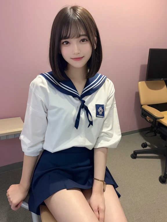 In detail,Full body photo、High resolution, high quality、Slim body、Perfect dynamic composition, Beautiful fine details, Blonde、Bobcut、Natural color lip,Kamimei、17-year-old high school girl、Clear Skin、Sailor suit、Navy blue mini skirt、Thighs、Shiny Hair、最high quality, figure, Very detailed, In detail, High resolution, 8k、The correct state of the human body、Sculpture model pose,Pink wall,Sitting in a chair、Thighs are visible、smile、