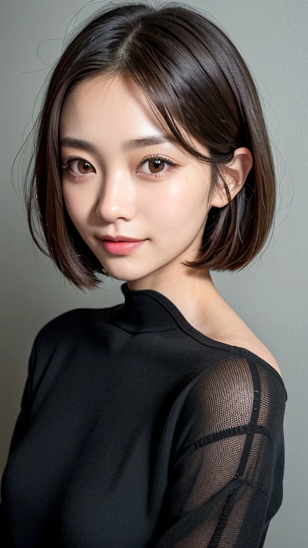 (((Close-up of face)))、(((Absolutely shoulder-length brown straight short bob)))、(((She is posing like a hair salon model, with a black wall indoors as the background.)))、(((Casual black winter long sleeves with shoulders covered)))、Half Japanese, half Korean、18 year old girl、Standing Alone、Looking forward、Light eye makeup、Brown Hair Color、Flat and 、Hair blowing in the wind、Actress Quality、Glossy, ultra-realistic face、Smiling face、Watery eyes、Gazing Up、Subtle lighting effects、 Ultra-Realistic Capture、Very detailed、High resolution 16K close up of human skin。Skin texture must be natural、The details must be such that pores can be clearly seen、The skin is healthy、Uniform tone、Use natural light and colors、A worn-out, high-quality photo taken by a model agency's in-house photographer.、smile、(((SIGMA 300 mm F/1.4,1/1000 sec shutter,ISO 400)))