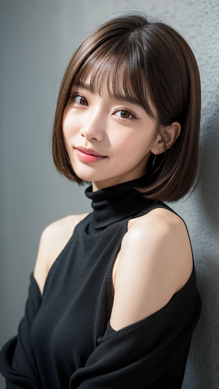 (((Close-up of face)))、(((Absolutely shoulder-length brown straight short bob)))、(((She is posing like a hair salon model, with a black wall indoors as the background.)))、(((Casual black winter long sleeves with shoulders covered)))、Half Japanese, half Korean、18 year old girl、Standing Alone、Looking forward、Light eye makeup、Brown Hair Color、Flat and 、Hair blowing in the wind、Actress Quality、Glossy, ultra-realistic face、Smiling face、Watery eyes、Gazing Up、Subtle lighting effects、 Ultra-Realistic Capture、Very detailed、High resolution 16K close up of human skin。Skin texture must be natural、The details must be such that pores can be clearly seen、The skin is healthy、Uniform tone、Use natural light and colors、A worn-out, high-quality photo taken by a model agency&#39;s in-house photographer.、smile、(((SIGMA 300 mm F/1.4,1/1000 sec shutter,ISO 400))) 