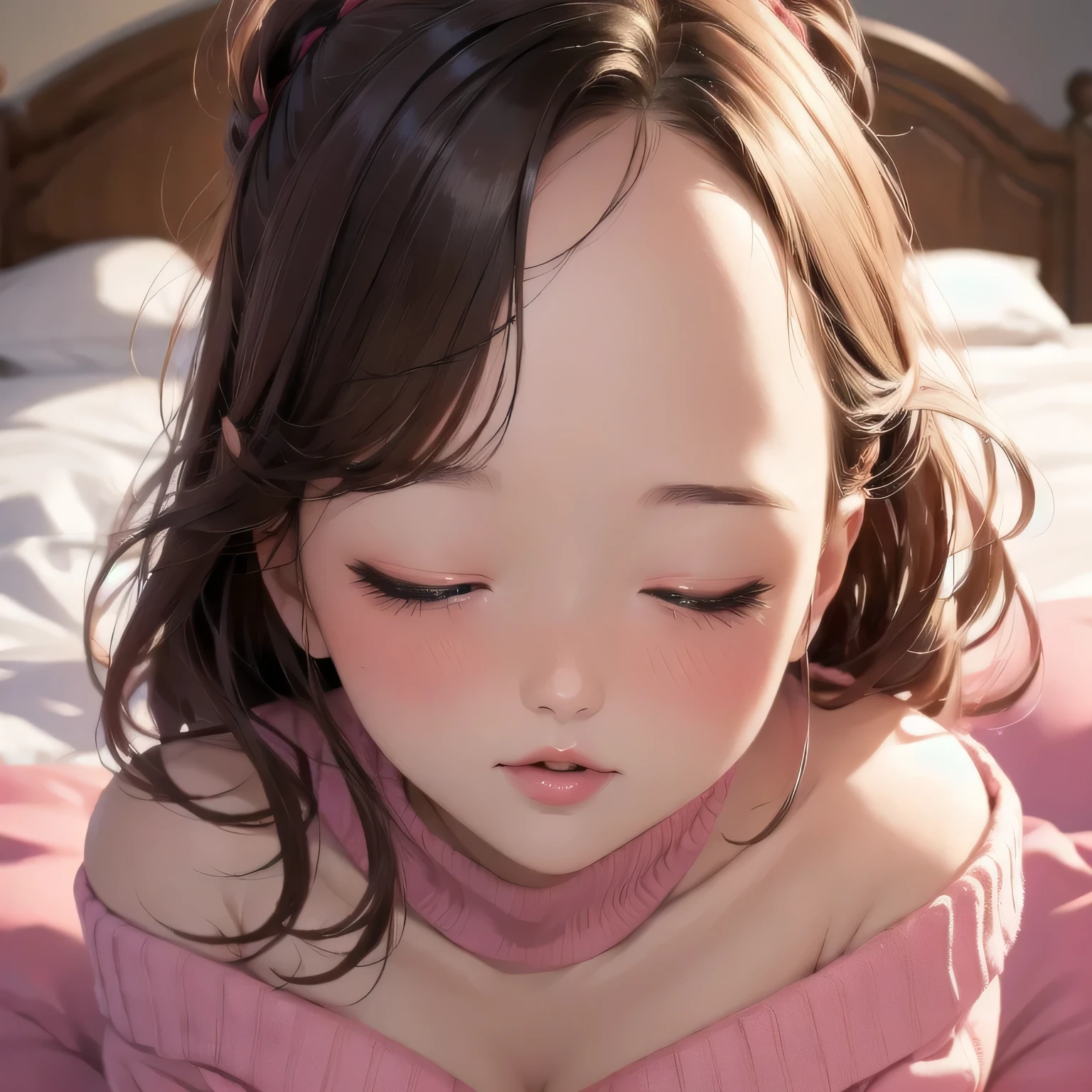 (best quality, highres), sexy woman, beautiful face, closed eyes, open mouth, deep blush, red tip of nose, long neck, off shoulder pink sweater, medium chest with visible cleavage, bedroom, warm lighting, lying on bed, head on pillow, facing the viewer