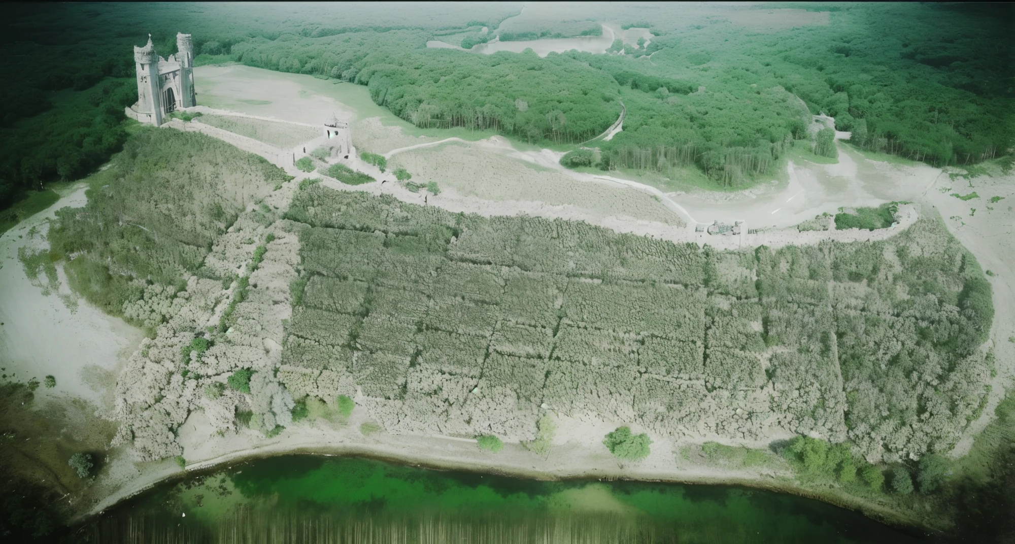 (Photo-realism), (Best quality, masterpiece, full of details), very large sand bridge, drone view, many trees, Colorful forest, old mansion, white stone path, green jungle, blue sky, sunshine, brown brick mansion, ultra HD