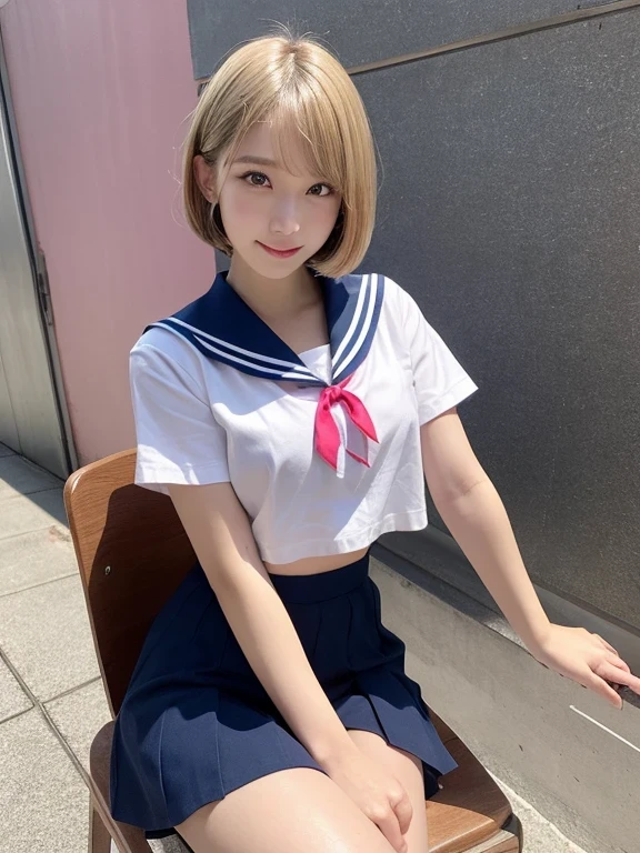In detail,Full body photo、High resolution, high quality、Slim body、Perfect dynamic composition, Beautiful fine details, Blonde、Bobcut、Natural color lip,Kamimei、17-year-old high school girl、Clear Skin、Sailor suit、Navy blue mini skirt、Thighs、Shiny Hair、最high quality, figure, Very detailed, In detail, High resolution, 8k、The correct state of the human body、Sculpture model pose,Pink wall,Sitting in a chair、Thighs are visible、smile、