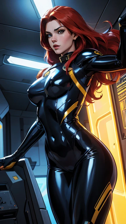 Best quality, 4K, american comics art style, vintage space woman,long red hair,lookng to observer,yellow and dark blue tight latex suit under shine black hi-tech armor,dynamic pose, spaceship corridor scenario, dramatic lights 